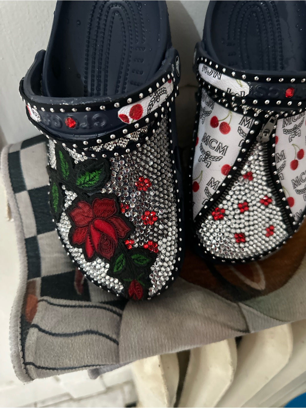 Mcm Navy Slip-On Clogs With Red Rose Embroidery & Crystal Studs